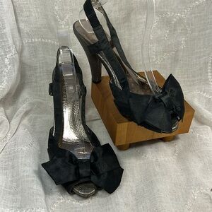 Jessica Bennett leather satin bow sling back heels